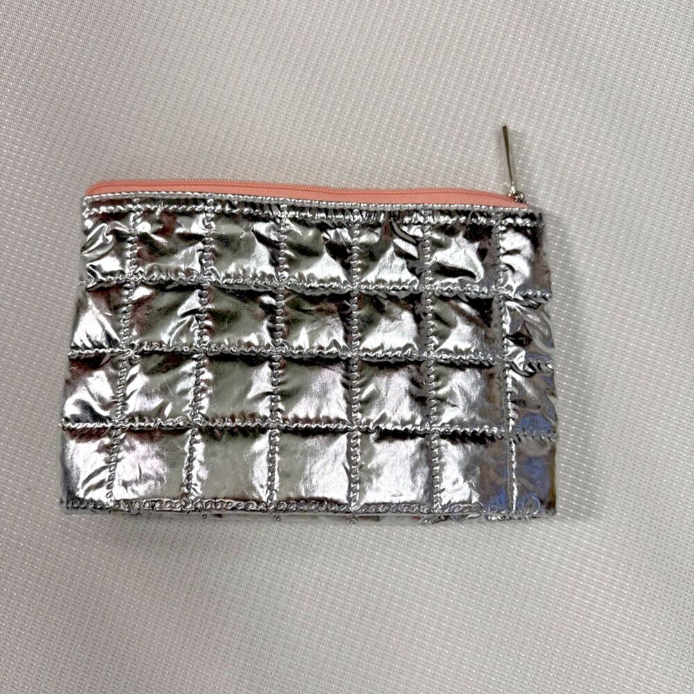 Clinique Travel Makeup Cosmetic Bag Metallic Silver - Peach Pink Lining